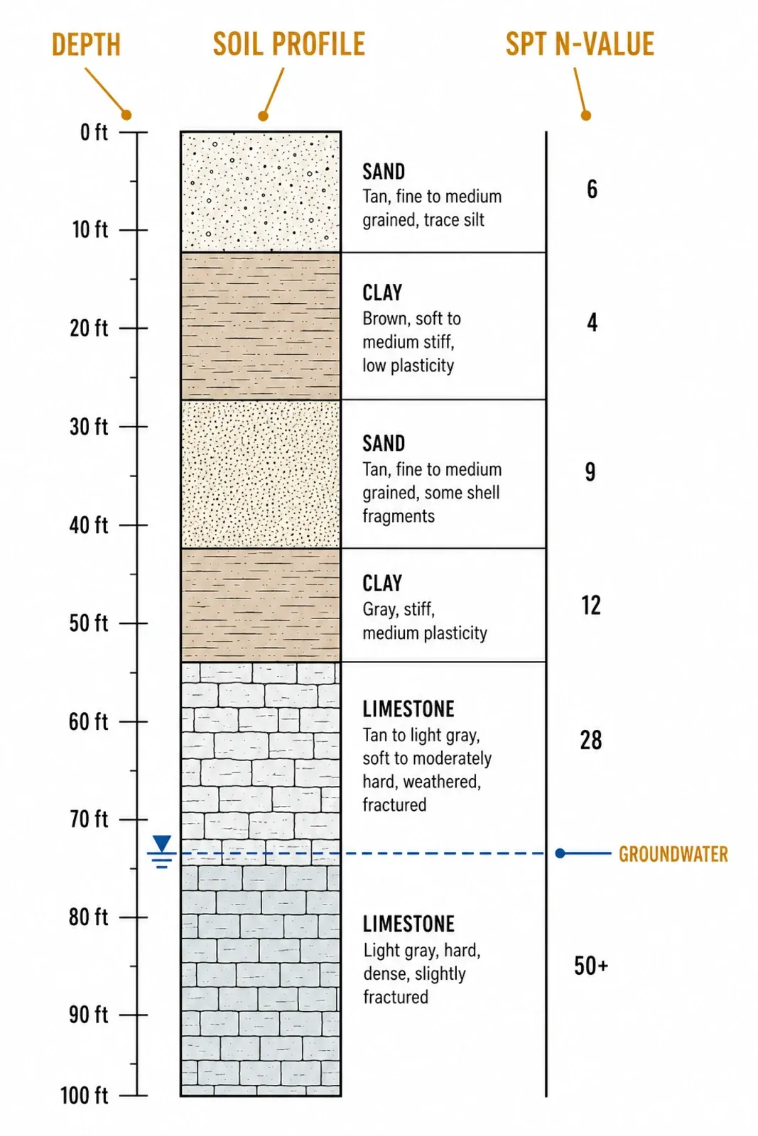 Example geotechnical boring log with soil descriptions, SPT N-values, and groundwater