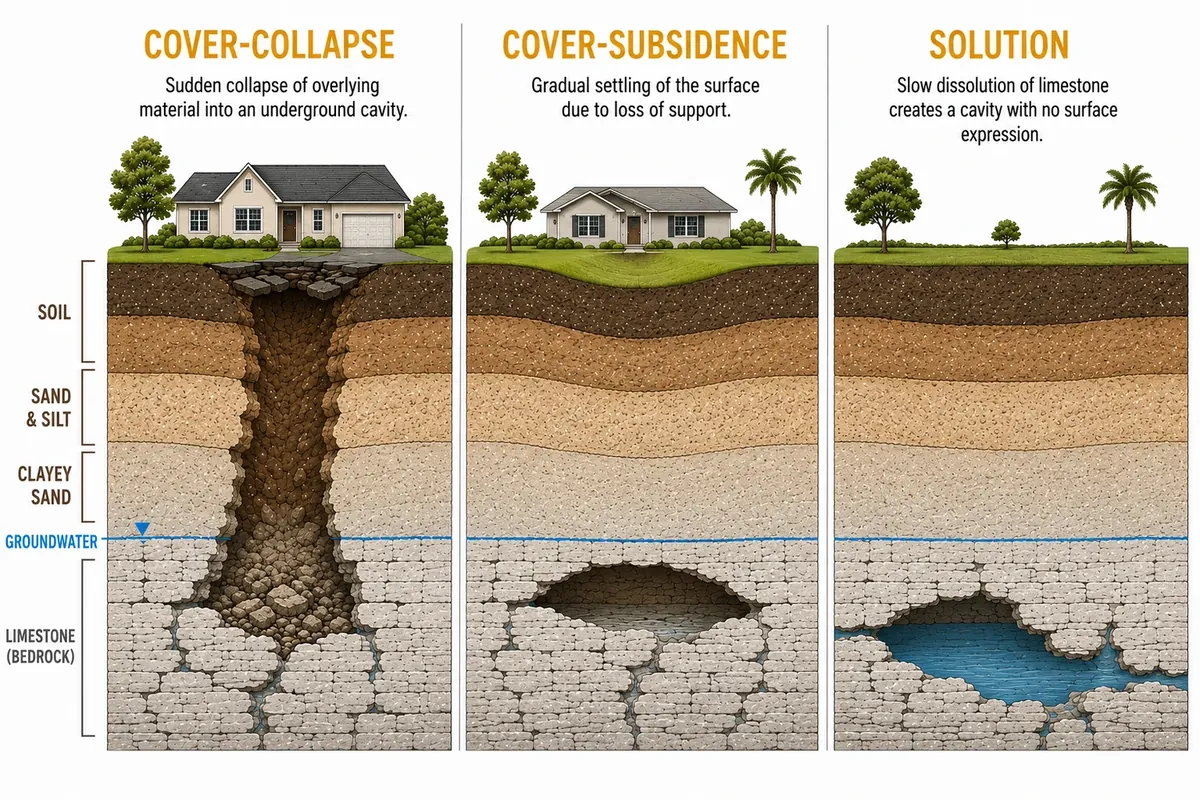 Comparison of cover-collapse, cover-subsidence, and solution sinkhole formation in Florida